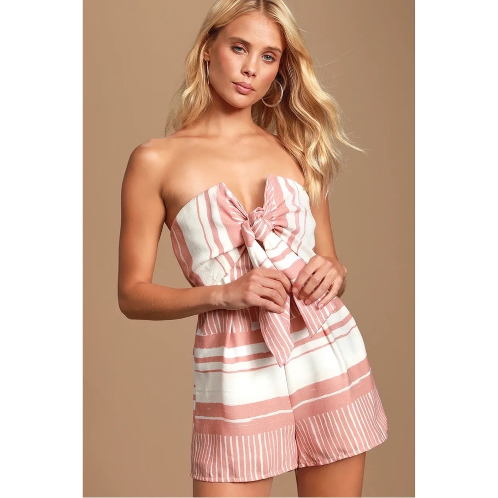Lulu’s Delphi Pink/White Striped Tie-Front Strapless Romper